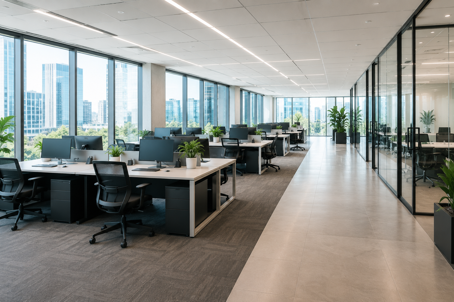 Bright, spotless modern commercial office freshly cleaned by PureCare