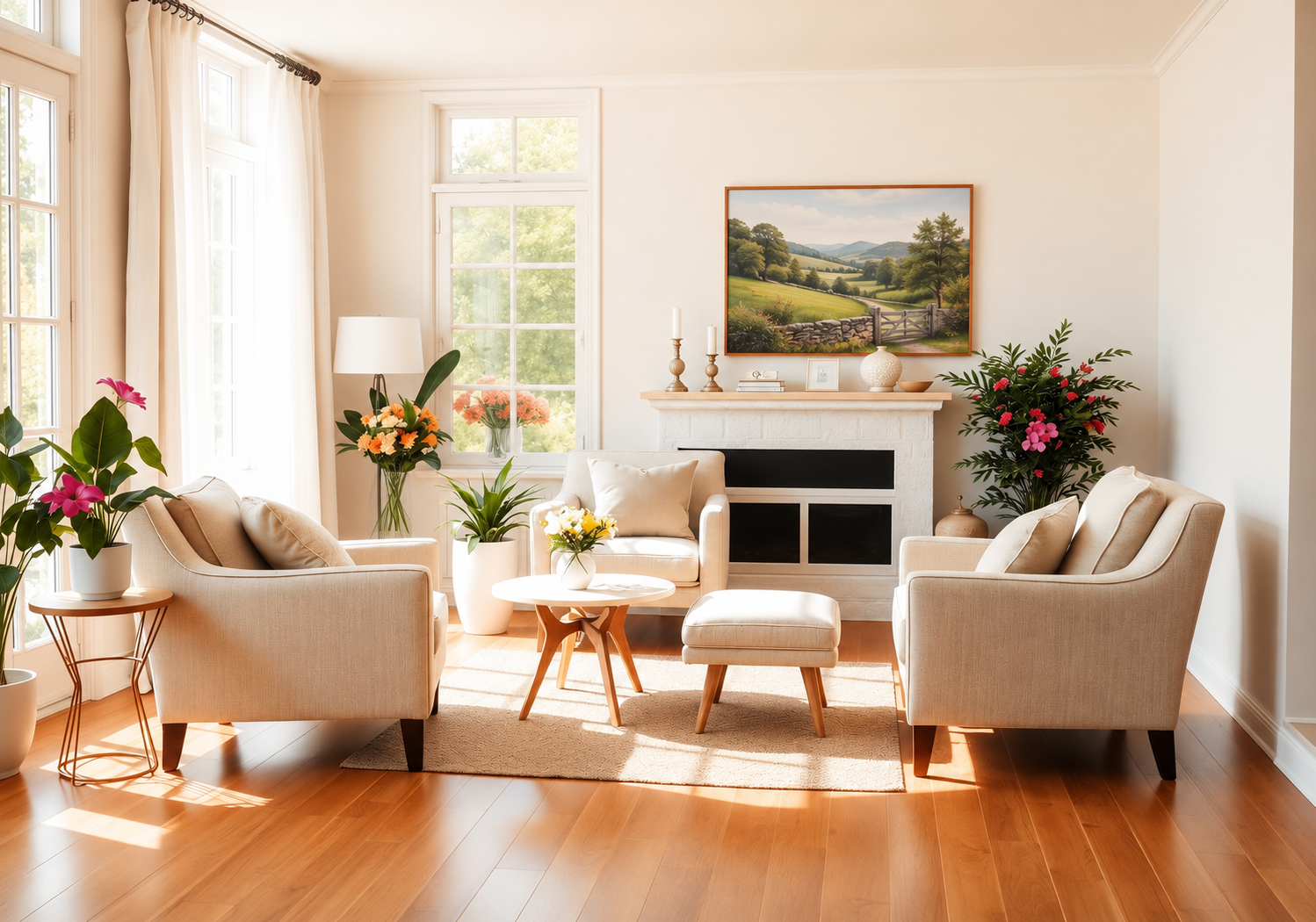 Bright, sunlit care home lounge with fresh flowers and cosy armchairs