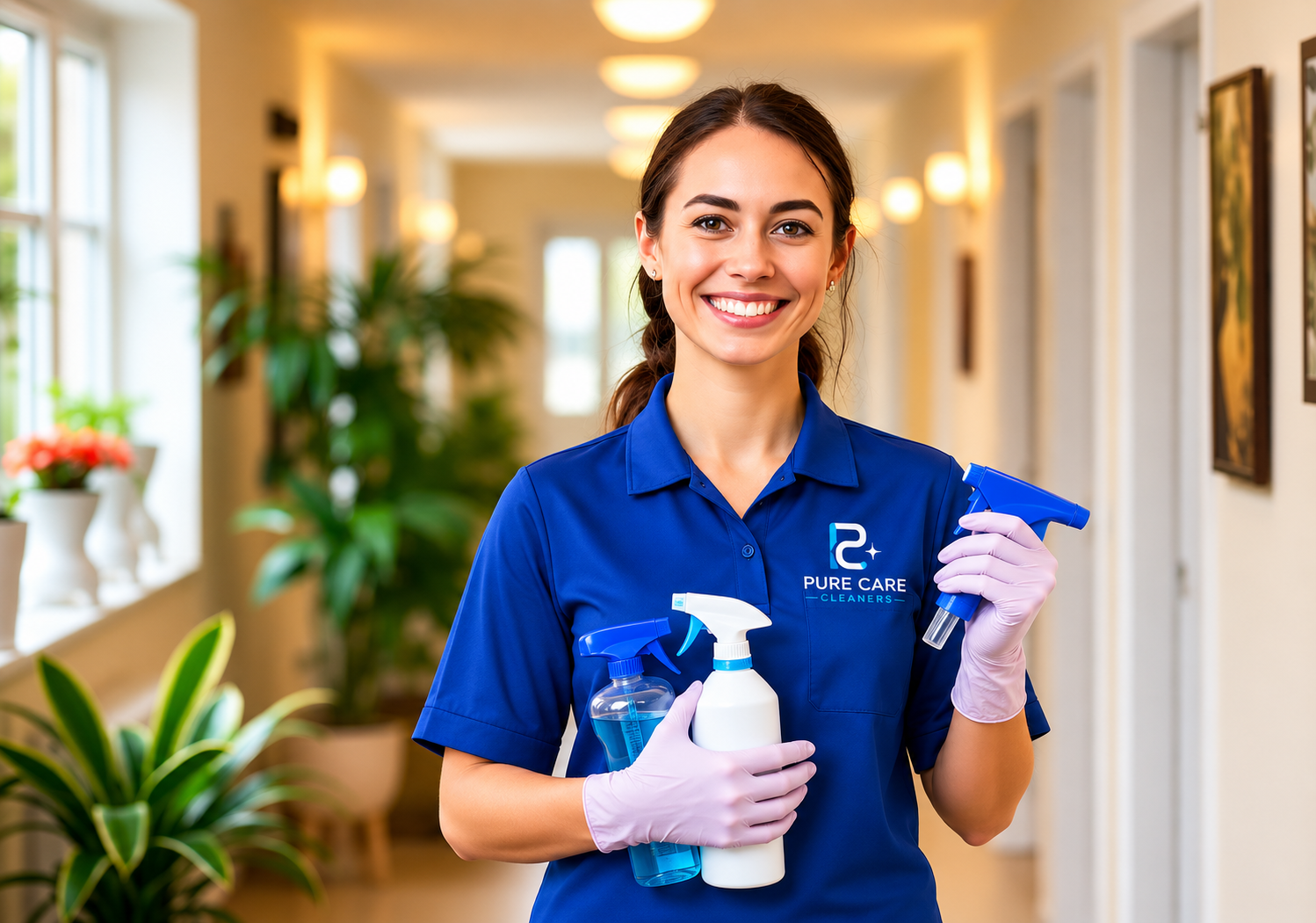 Friendly PureCare cleaner in a warm, welcoming hallway